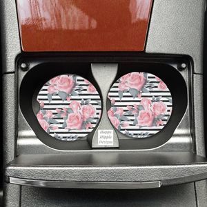Striped Pink & Black Roses Car Coasters 2 Pack